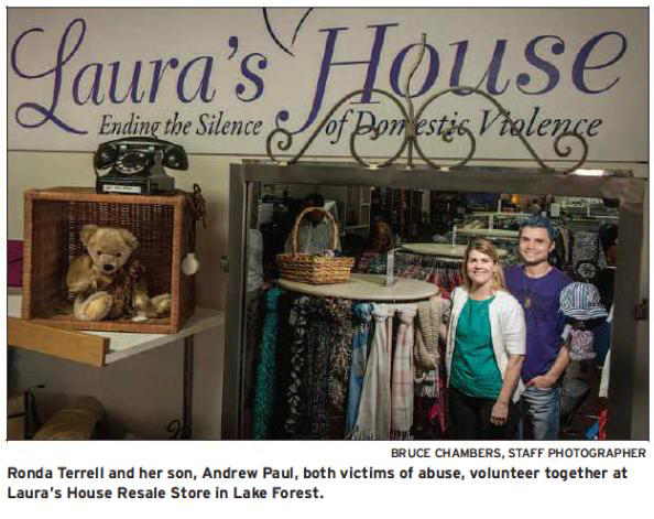 Rhonda Terrell and her son, Andrew Paul, both victims of abuse, volunteer together at Laura's House Resale Store in Lake Forest