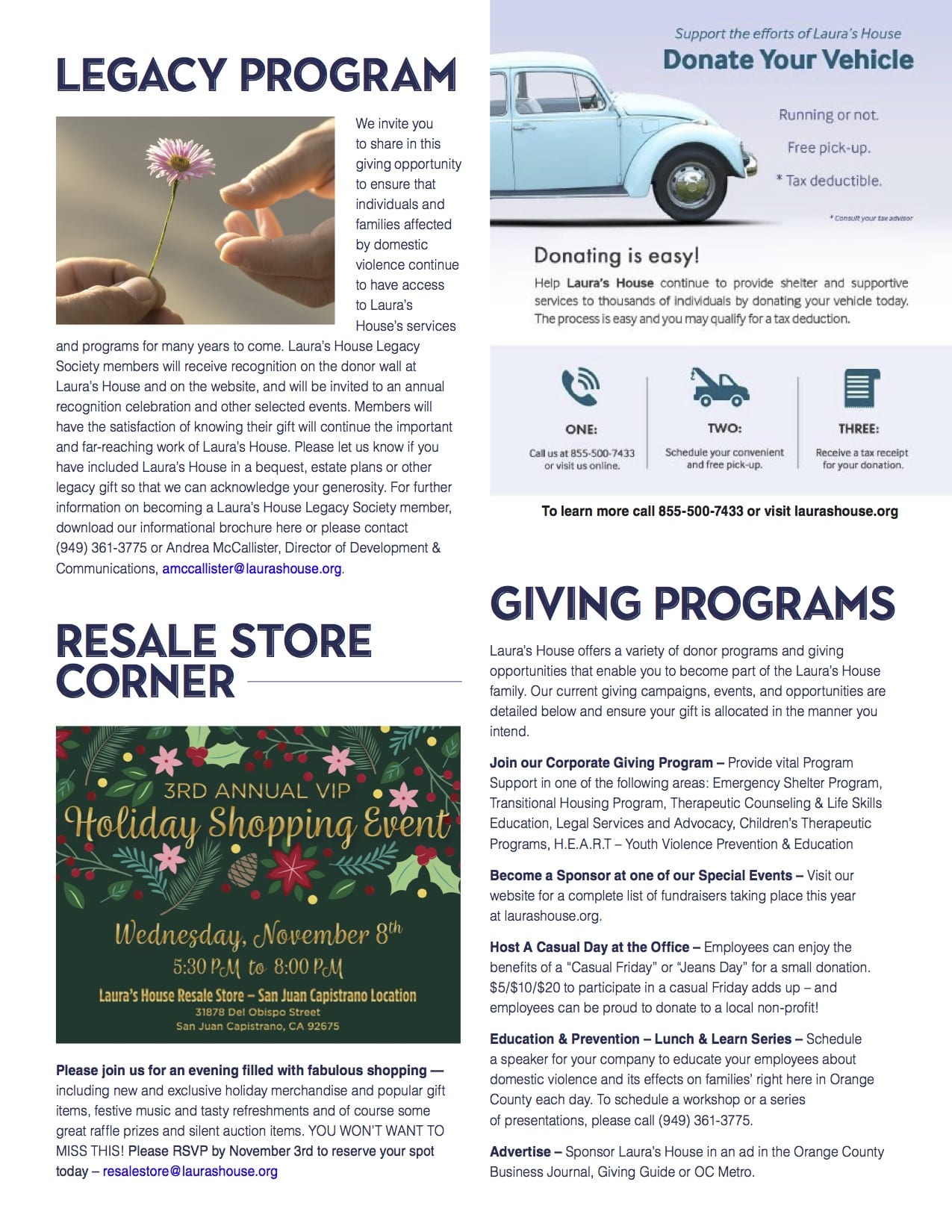 Legacy Program, Resale Store, Giving Programs